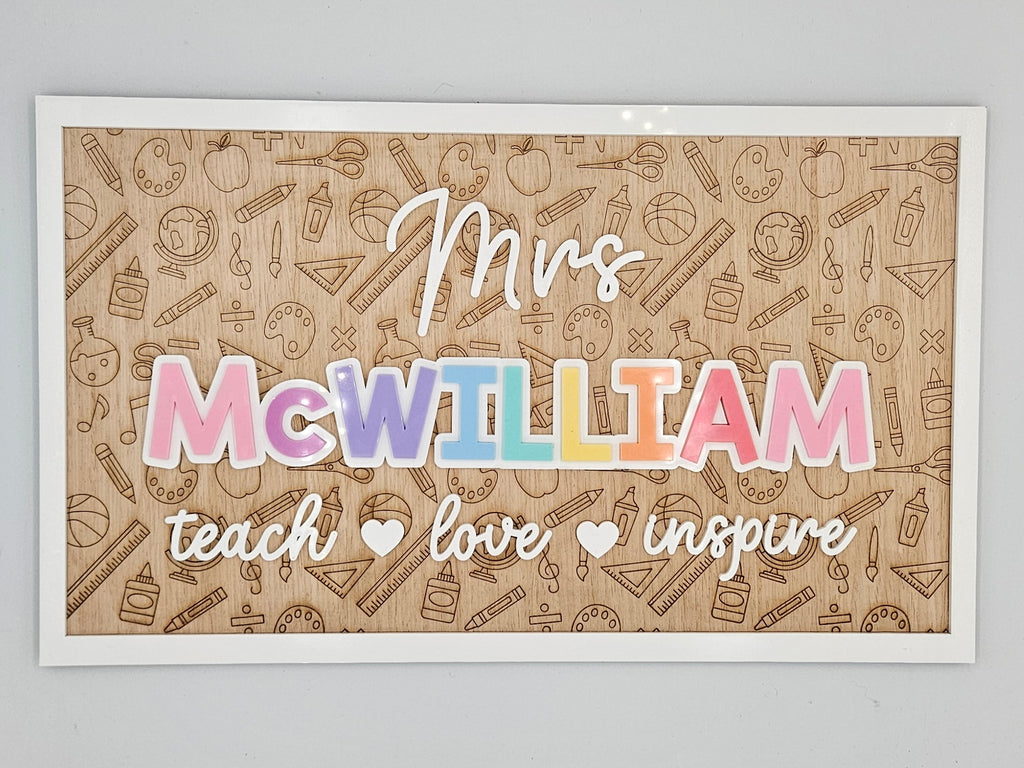 School supplies rainbow teacher plaque